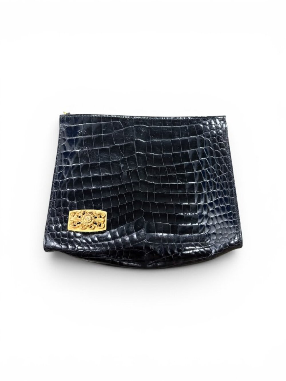 Vintage Black Croc-Embossed Leather Clutch Bag with Gold Baroque (A1)